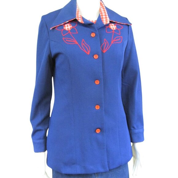 Vintage Flower Embroidery Navy Red Jacket and Checkered Vest Shirt Set - Picture 4 of 4